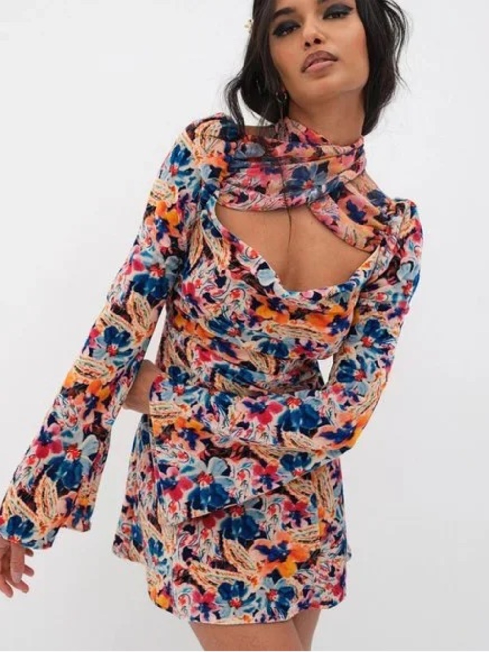 For Love & Lemons Multicolor Floral Mock-Neck Cutout Mini Tunic